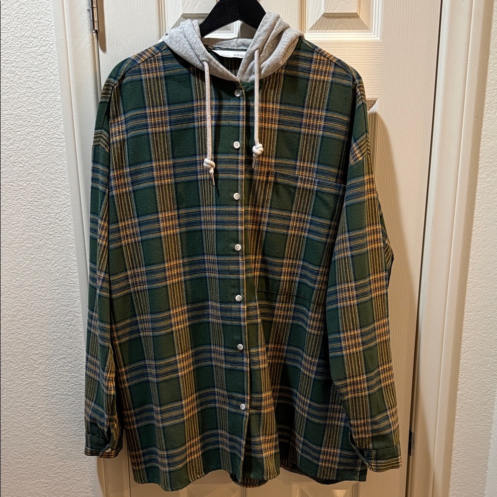 Green Plaid Button-Up Hoodie XXL